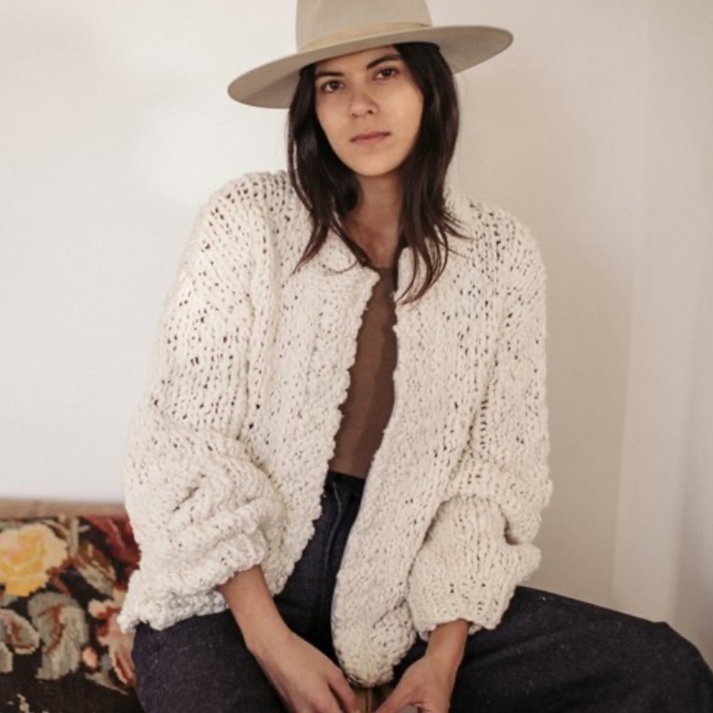 OZMA of California 100% Cotton Chunky Knit Full Zip Sweater White Ballon Sleeve